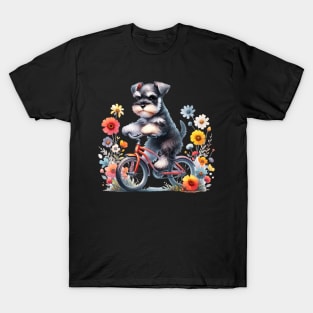 Floral Miniature Schnauzer Biking T-Shirt